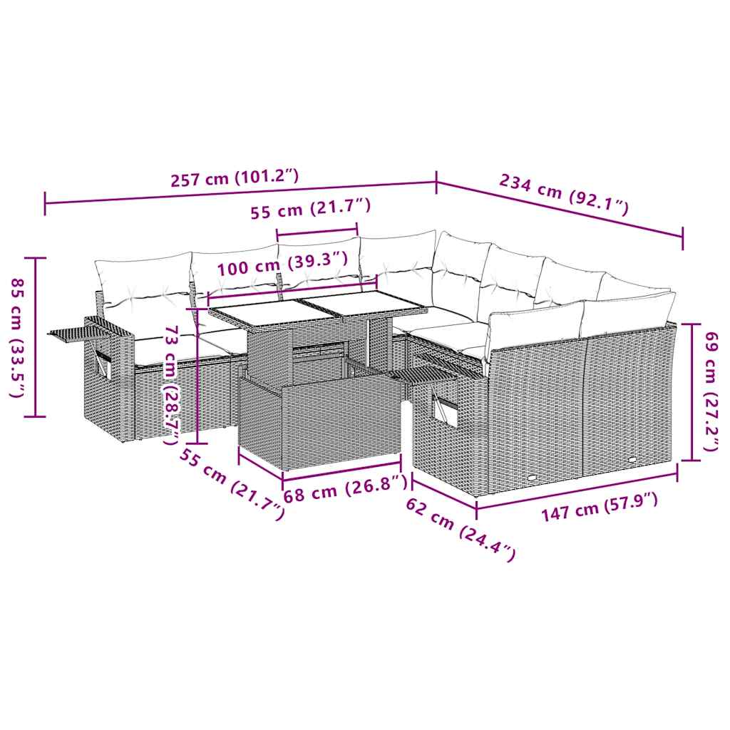 Ensemble de canapé de jardin 9 pcs avec coussins gris résine tressée