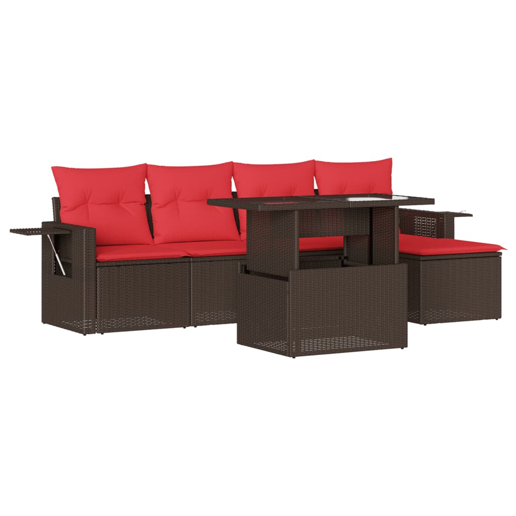 Ensemble de canapé de jardin 6 pcs avec coussins marron résine tressée