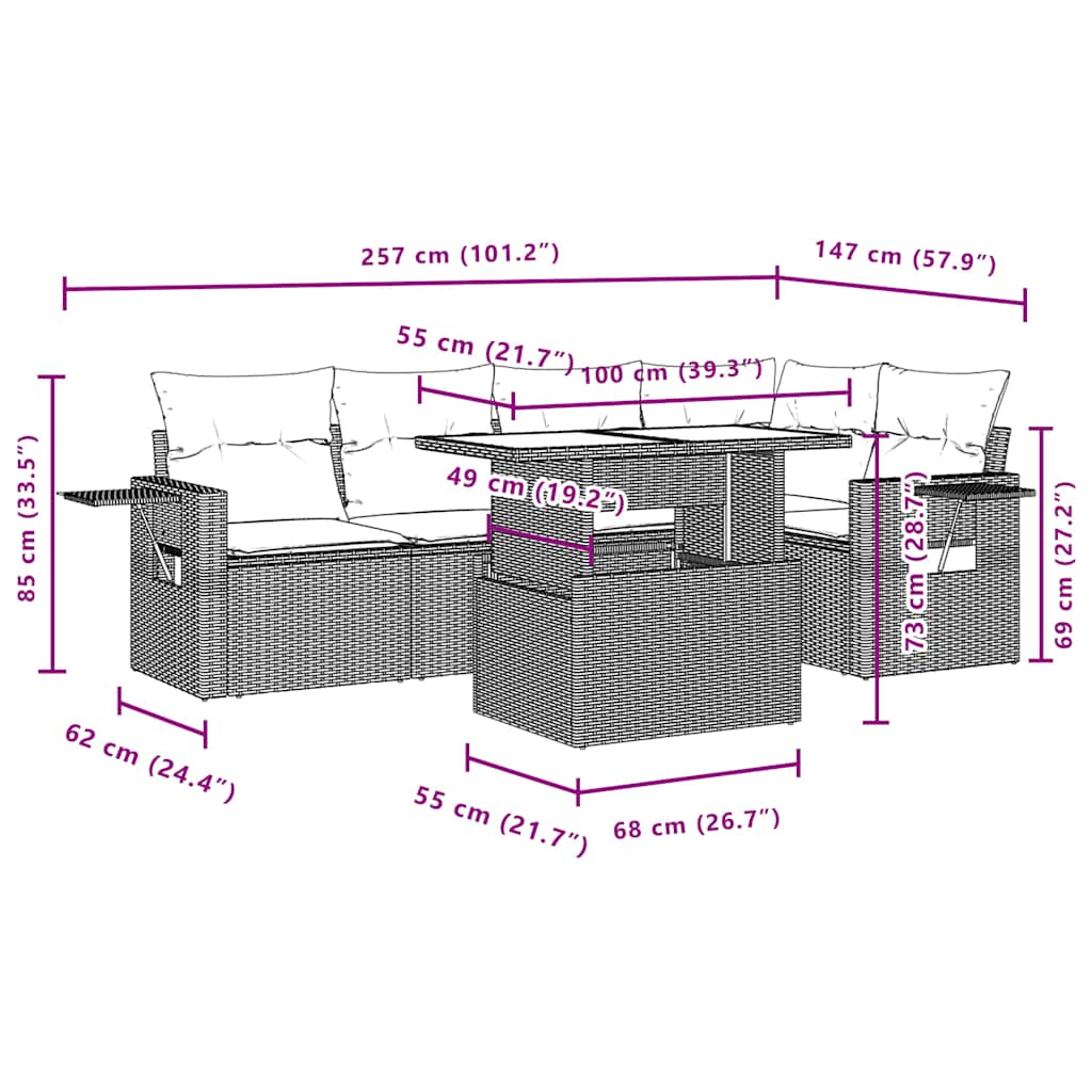 Ensemble de canapé de jardin 6 pcs avec coussins gris résine tressée