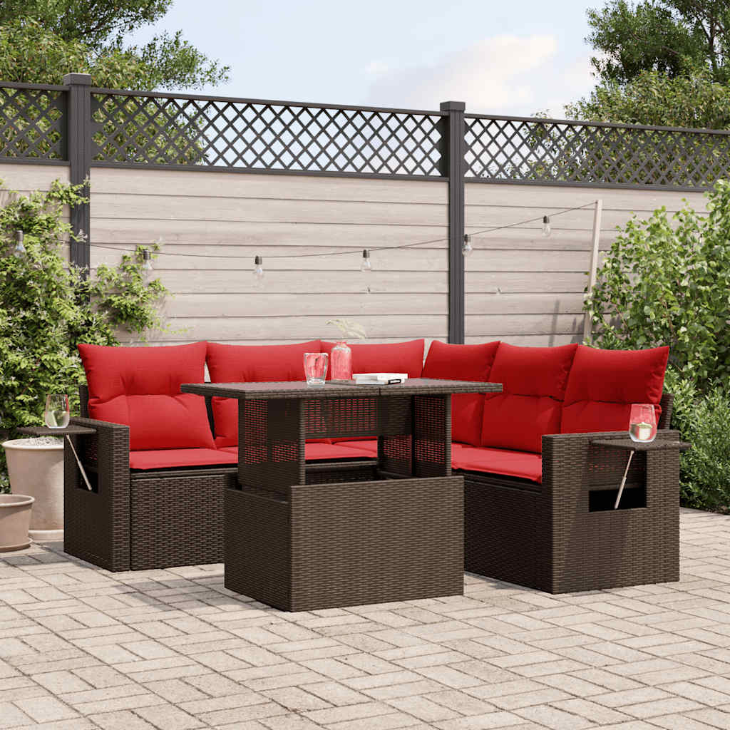 Ensemble de canapé de jardin 6 pcs avec coussins marron résine tressée