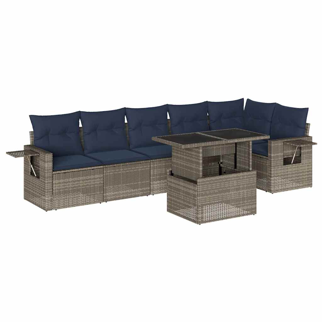 Ensemble de canapé de jardin 7 pcs avec coussins gris résine tressée
