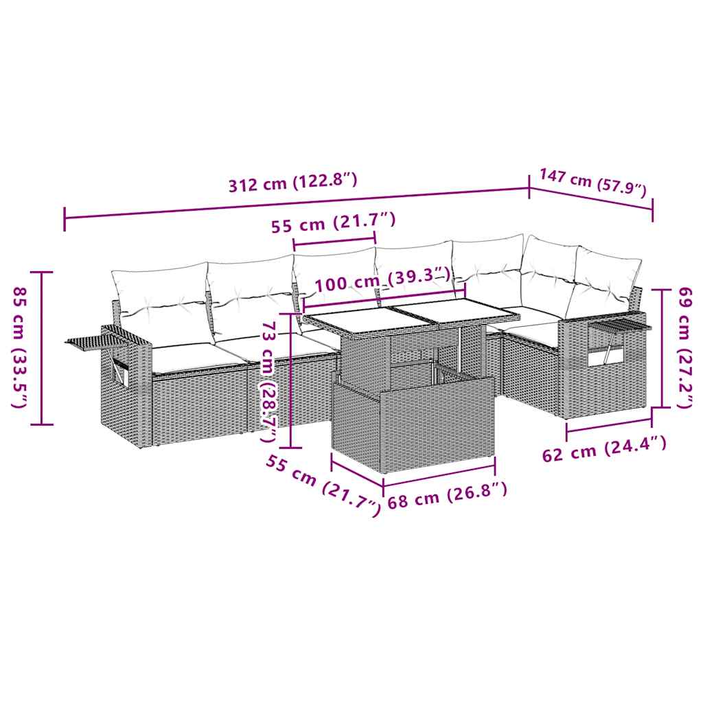 Ensemble de canapé de jardin 7 pcs avec coussins gris résine tressée