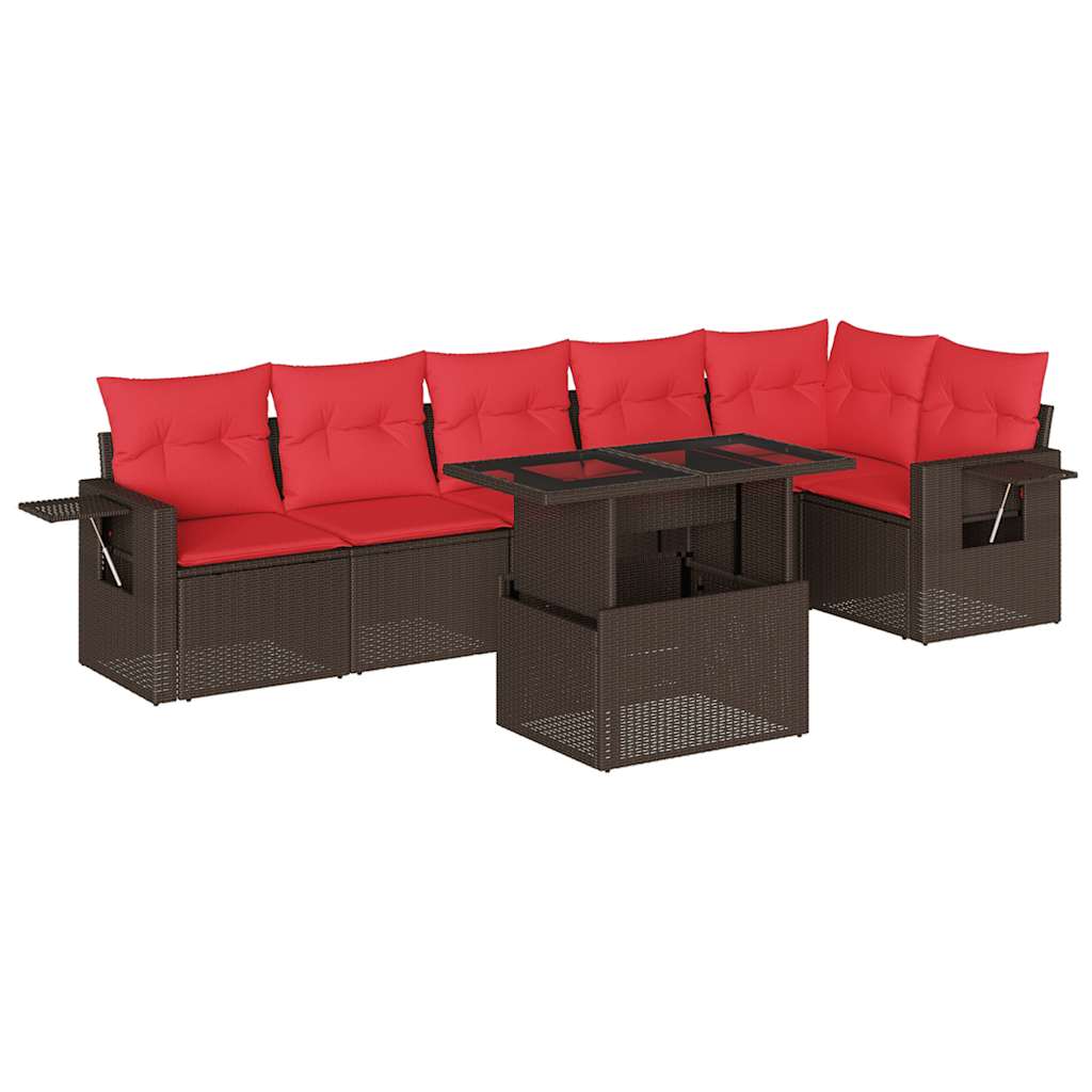 Ensemble de canapé de jardin 7 pcs avec coussins marron résine tressée