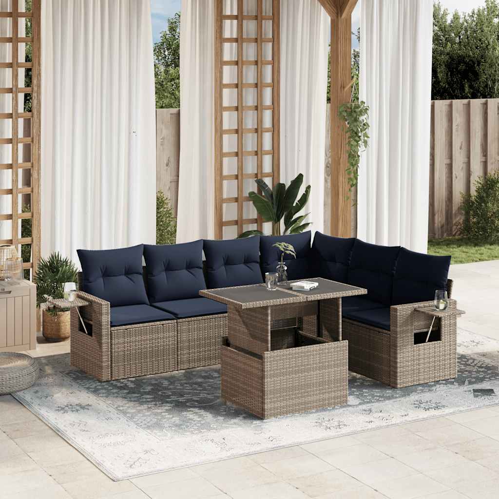 Ensemble de canapé de jardin 7 pcs avec coussins gris résine tressée