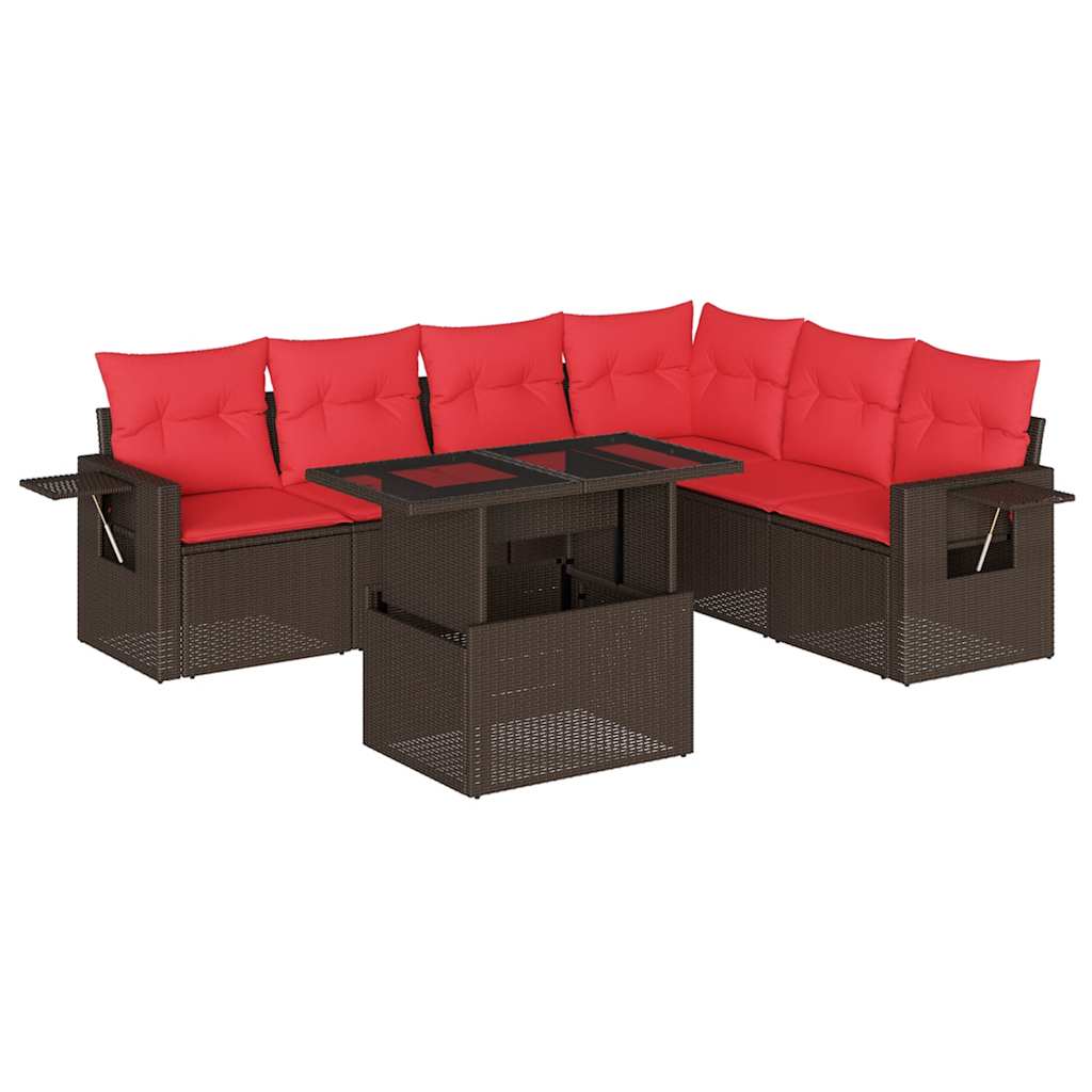 Ensemble de canapé de jardin 7 pcs avec coussins marron résine tressée