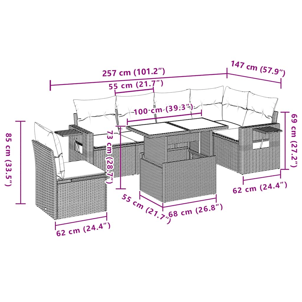 Ensemble de canapé de jardin 7 pcs avec coussins gris résine tressée
