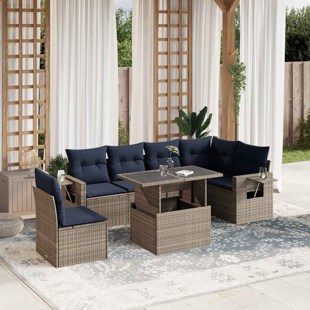 Ensemble de canapé de jardin 7 pcs avec coussins gris résine tressée