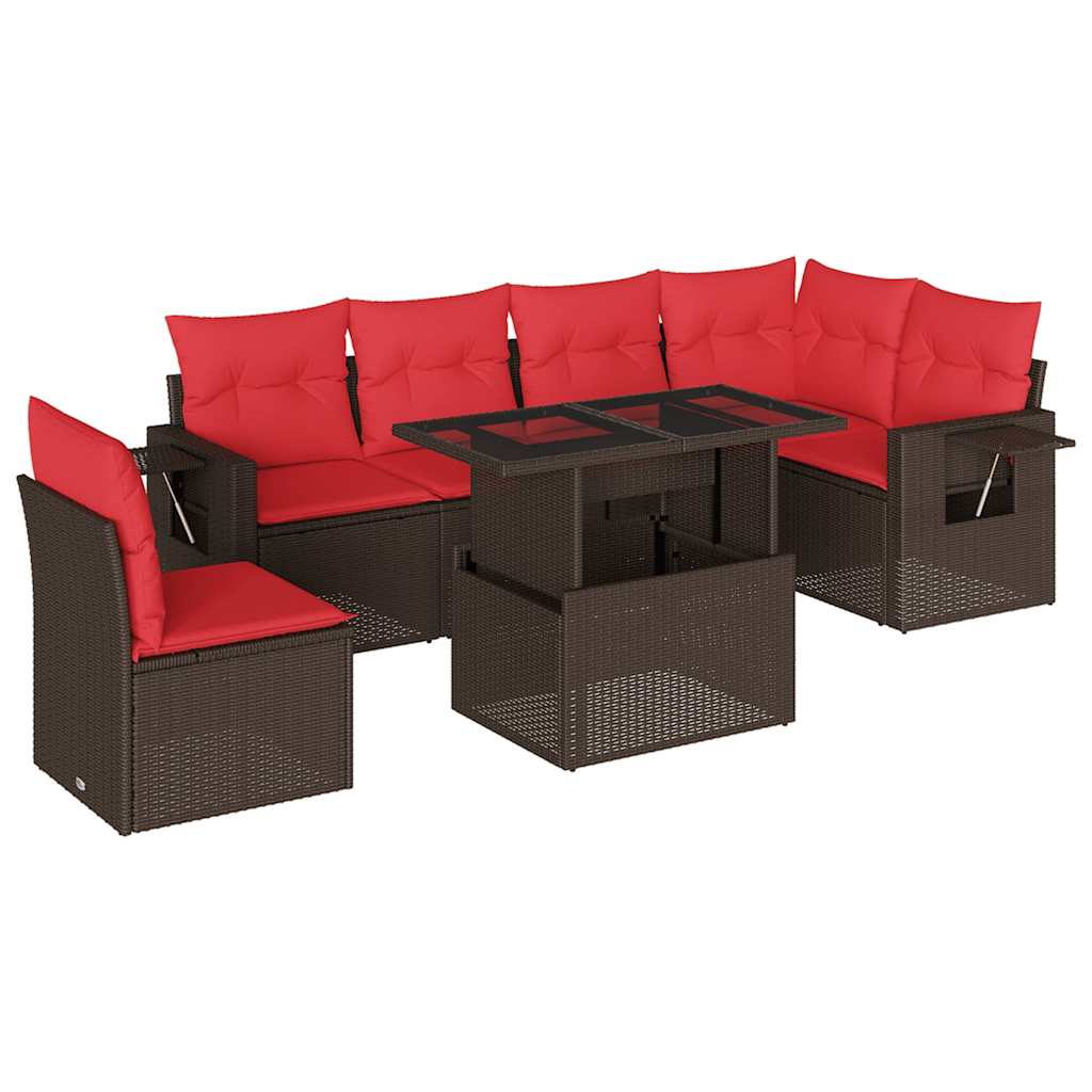 Ensemble de canapé de jardin 7 pcs avec coussins marron résine tressée