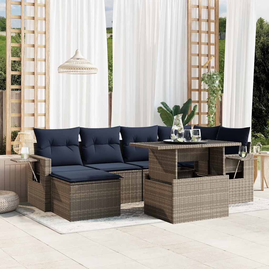 Ensemble de canapé de jardin 7 pcs avec coussins gris résine tressée