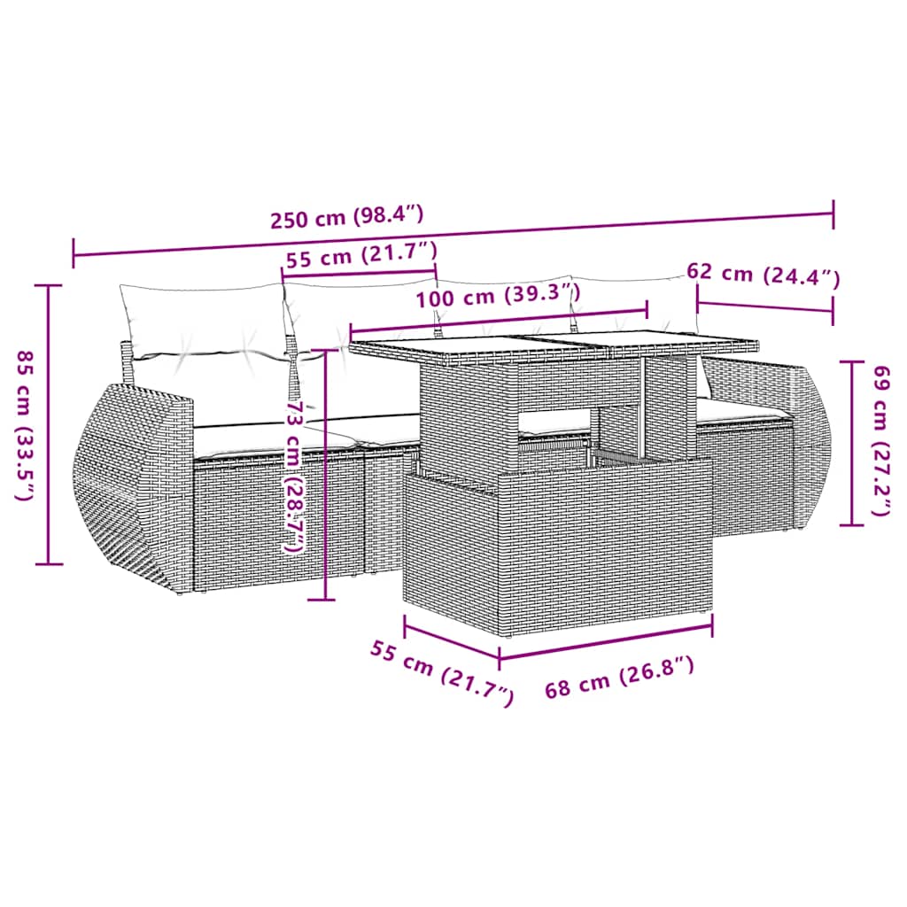 Ensemble de canapé de jardin 5 pcs avec coussins gris résine tressée
