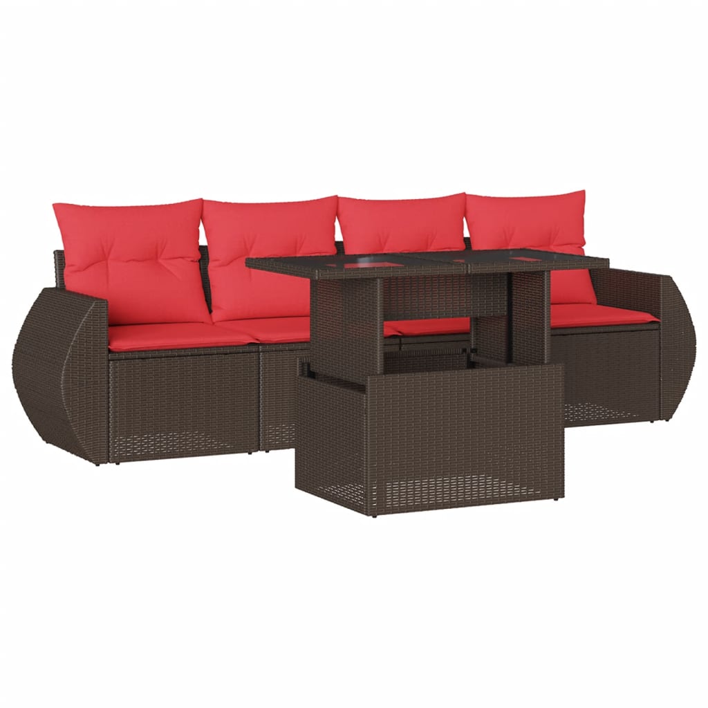 Ensemble de canapé de jardin 5 pcs avec coussins marron résine tressée