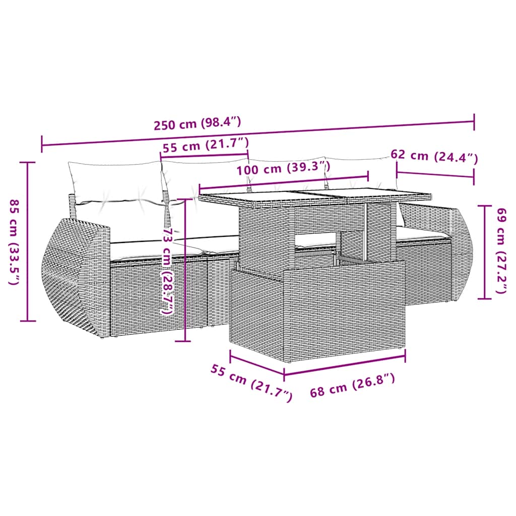 Ensemble de canapé de jardin 5 pcs avec coussins marron résine tressée