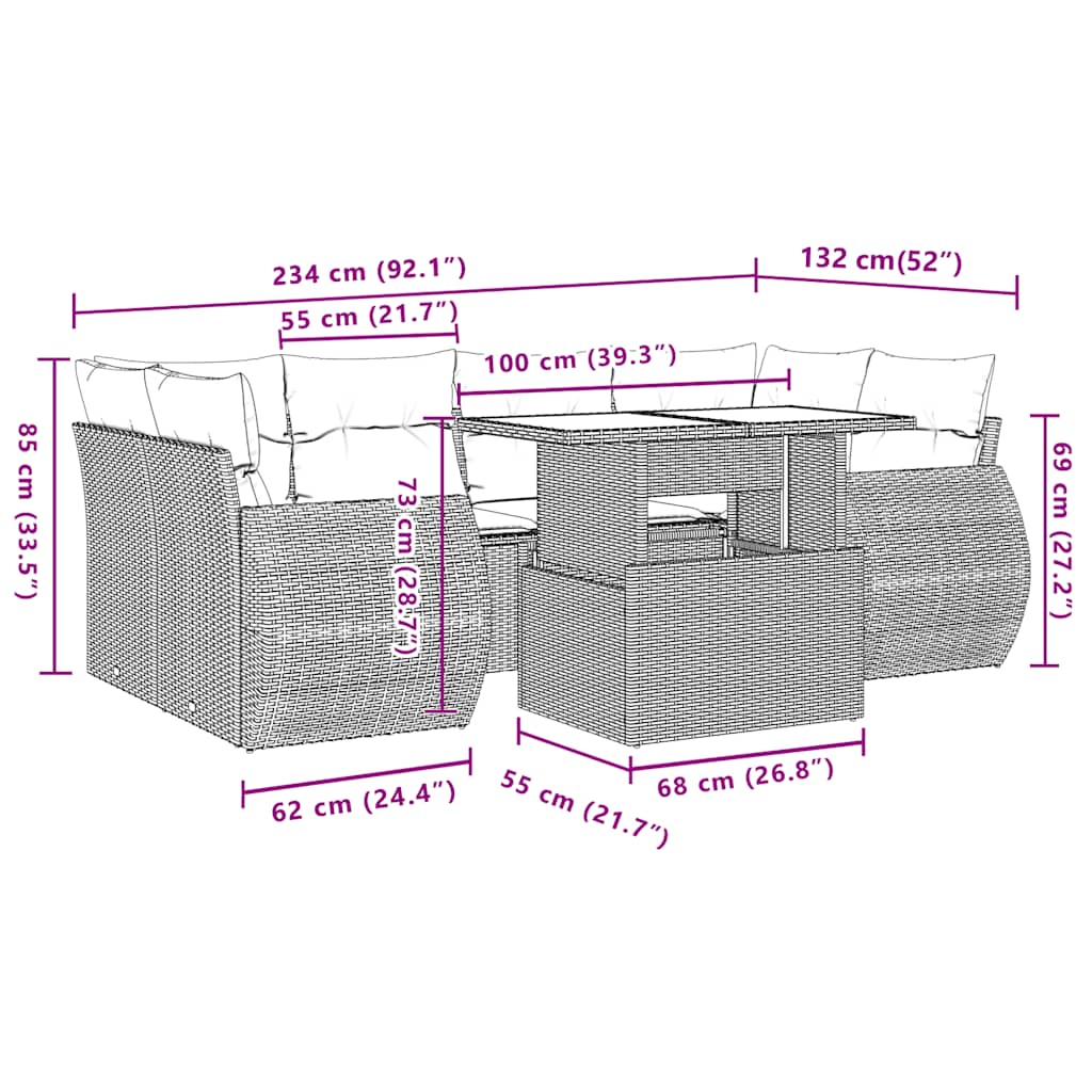 Ensemble de canapé de jardin 7 pcs avec coussins gris résine tressée