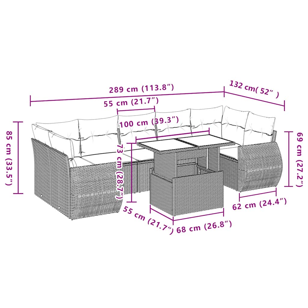 Ensemble de canapé de jardin 8 pcs avec coussins gris résine tressée