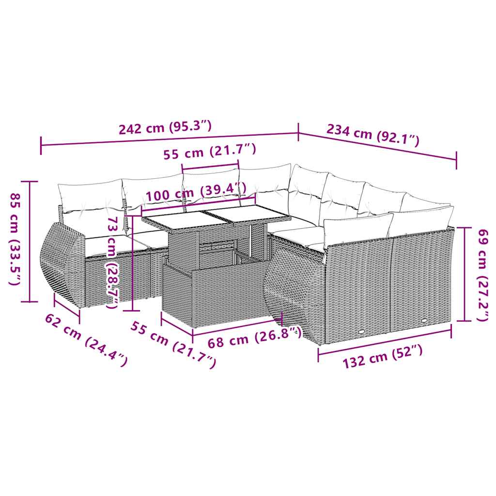 Salon de jardin avec coussins 9 pcs beige résine tressée