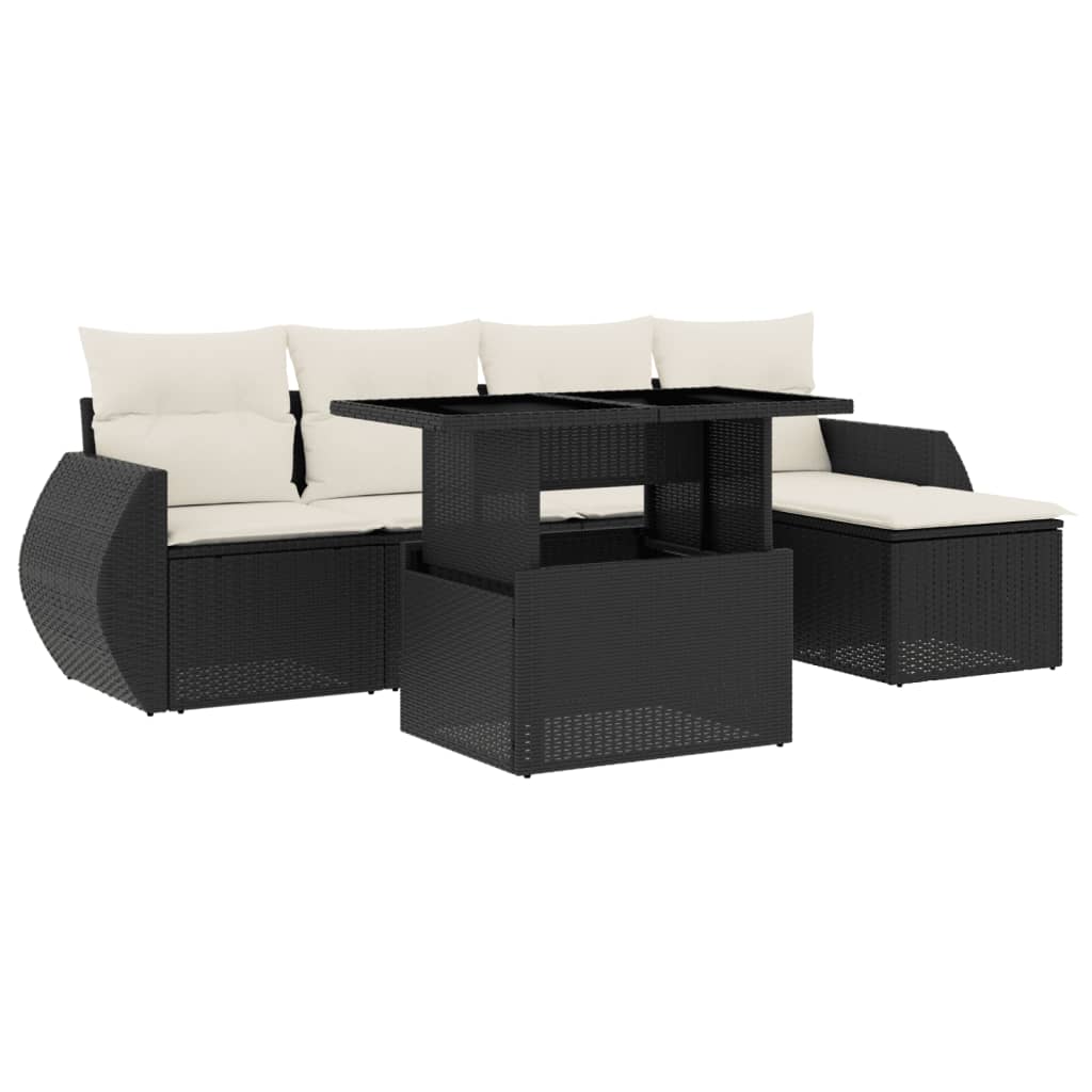 Salon de jardin 6 pcs avec coussins noir résine tressée