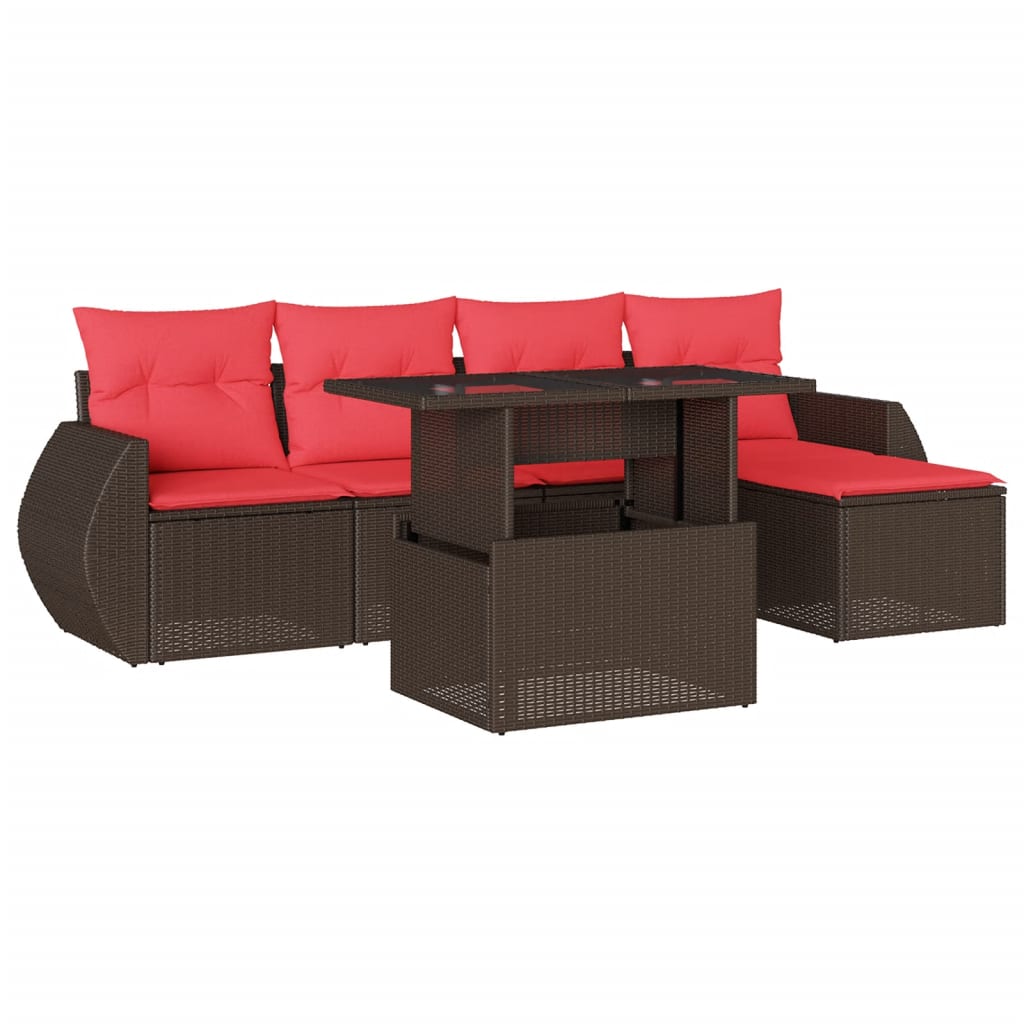 Ensemble de canapé de jardin 6 pcs avec coussins marron résine tressée