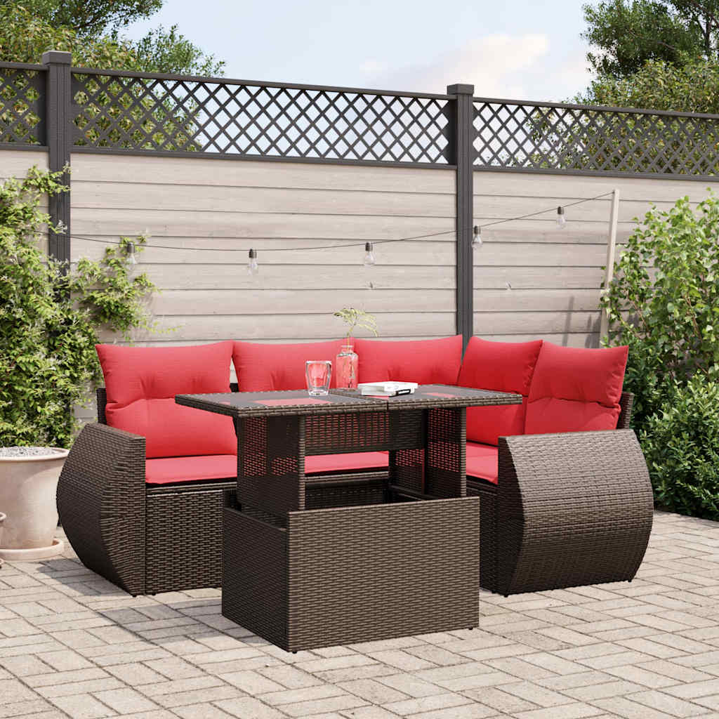 Ensemble de canapé de jardin 5 pcs avec coussins marron résine tressée