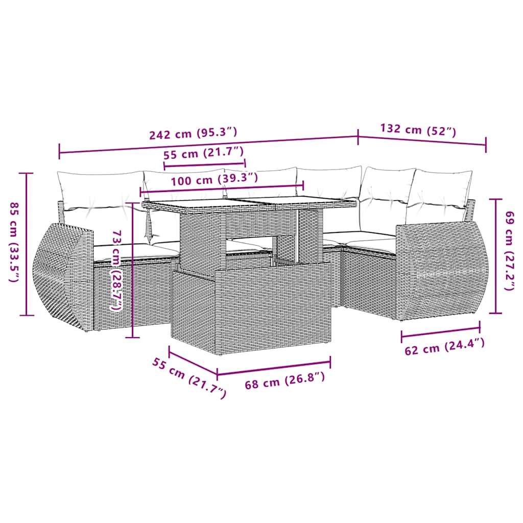 Ensemble de canapé de jardin 6 pcs avec coussins gris résine tressée