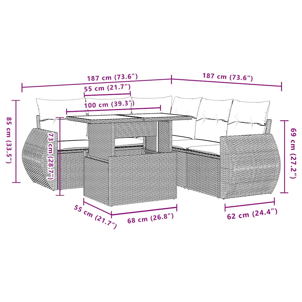 Ensemble de canapé de jardin 6 pcs avec coussins gris résine tressée