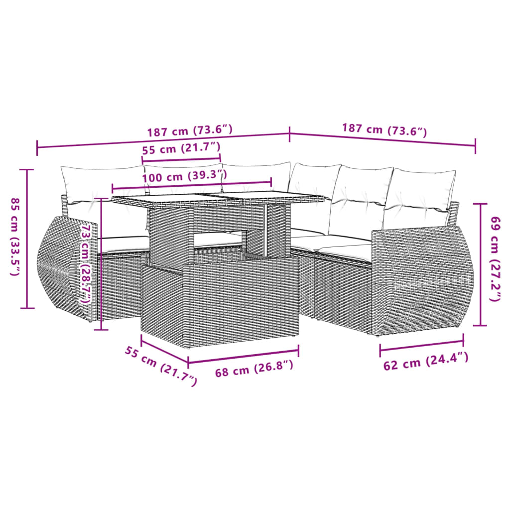 Salon de jardin avec coussins 6 pcs marron résine tressée