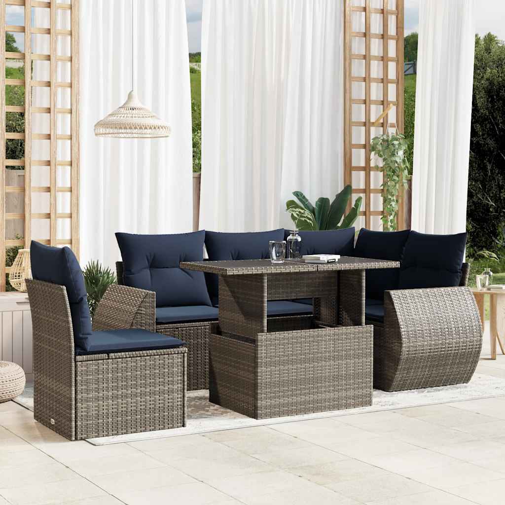 Ensemble de canapé de jardin 6 pcs avec coussins gris résine tressée