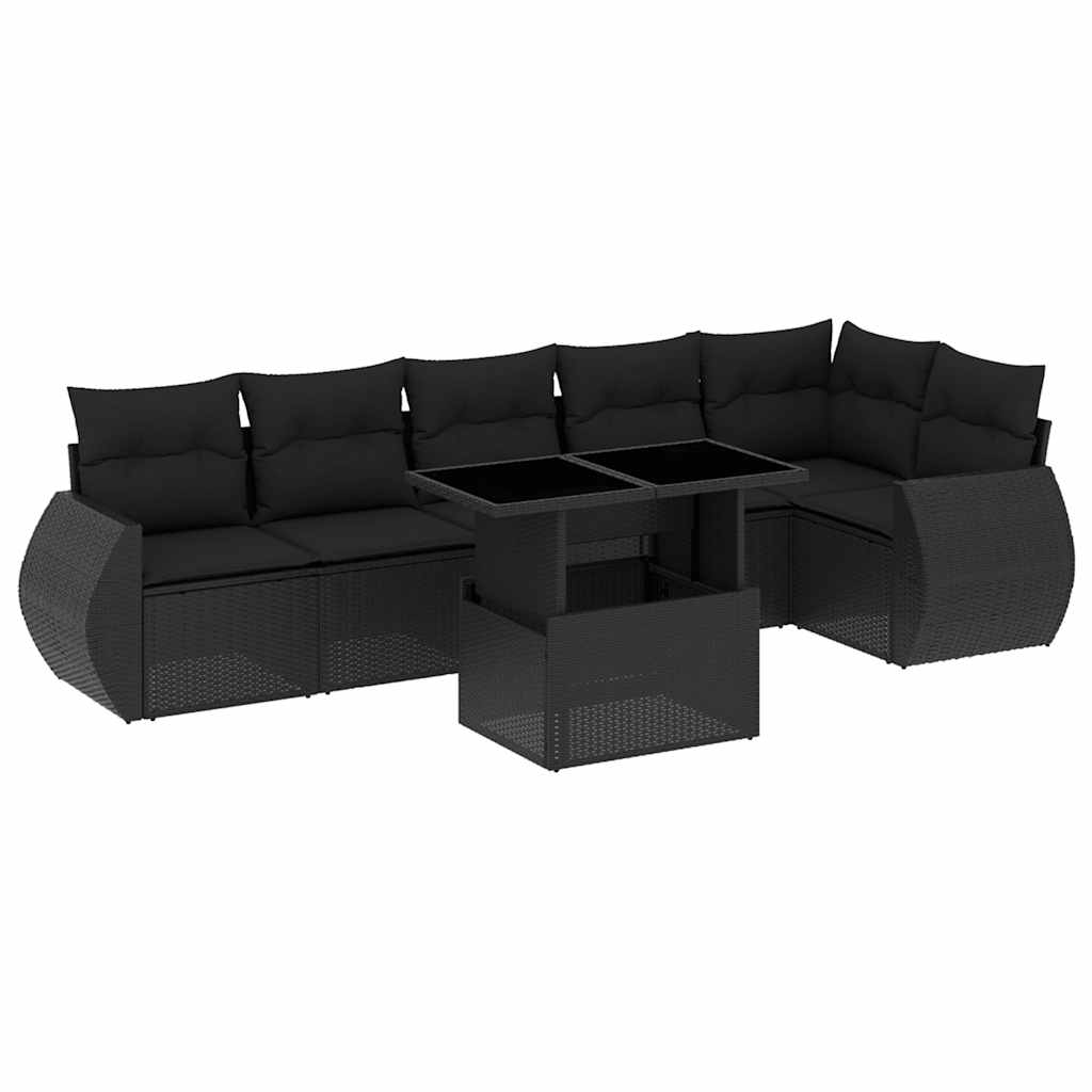 Salon de jardin 7 pcs avec coussins noir résine tressée