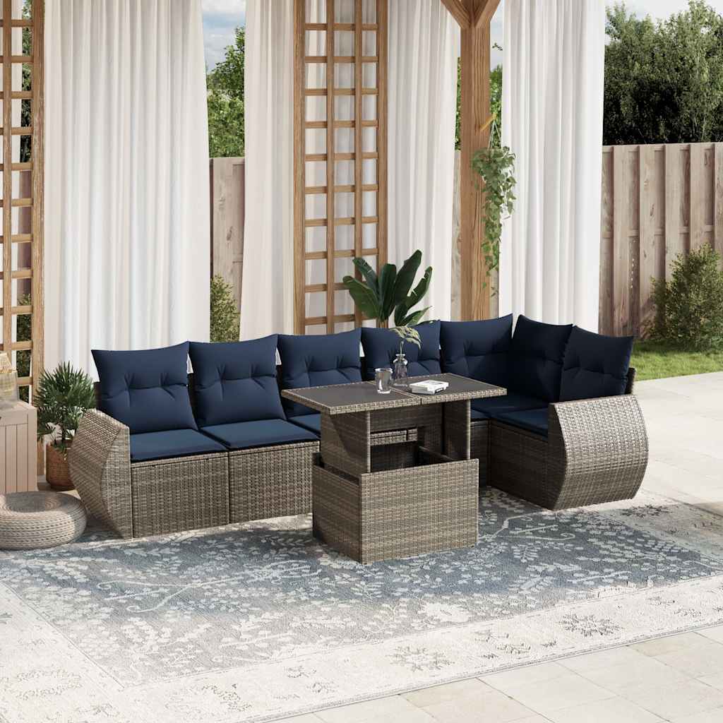 Ensemble de canapé de jardin 7 pcs avec coussins gris résine tressée
