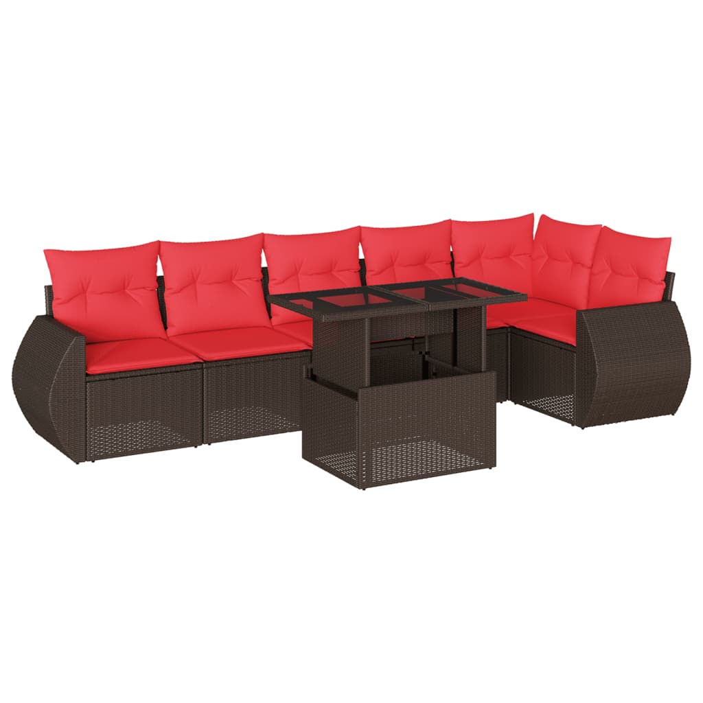 Ensemble de canapé de jardin 7 pcs avec coussins marron résine tressée