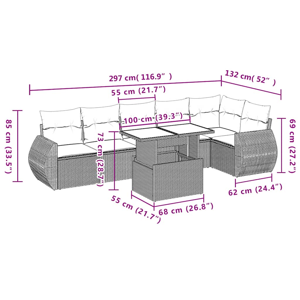 Ensemble de canapé de jardin 7 pcs avec coussins marron résine tressée