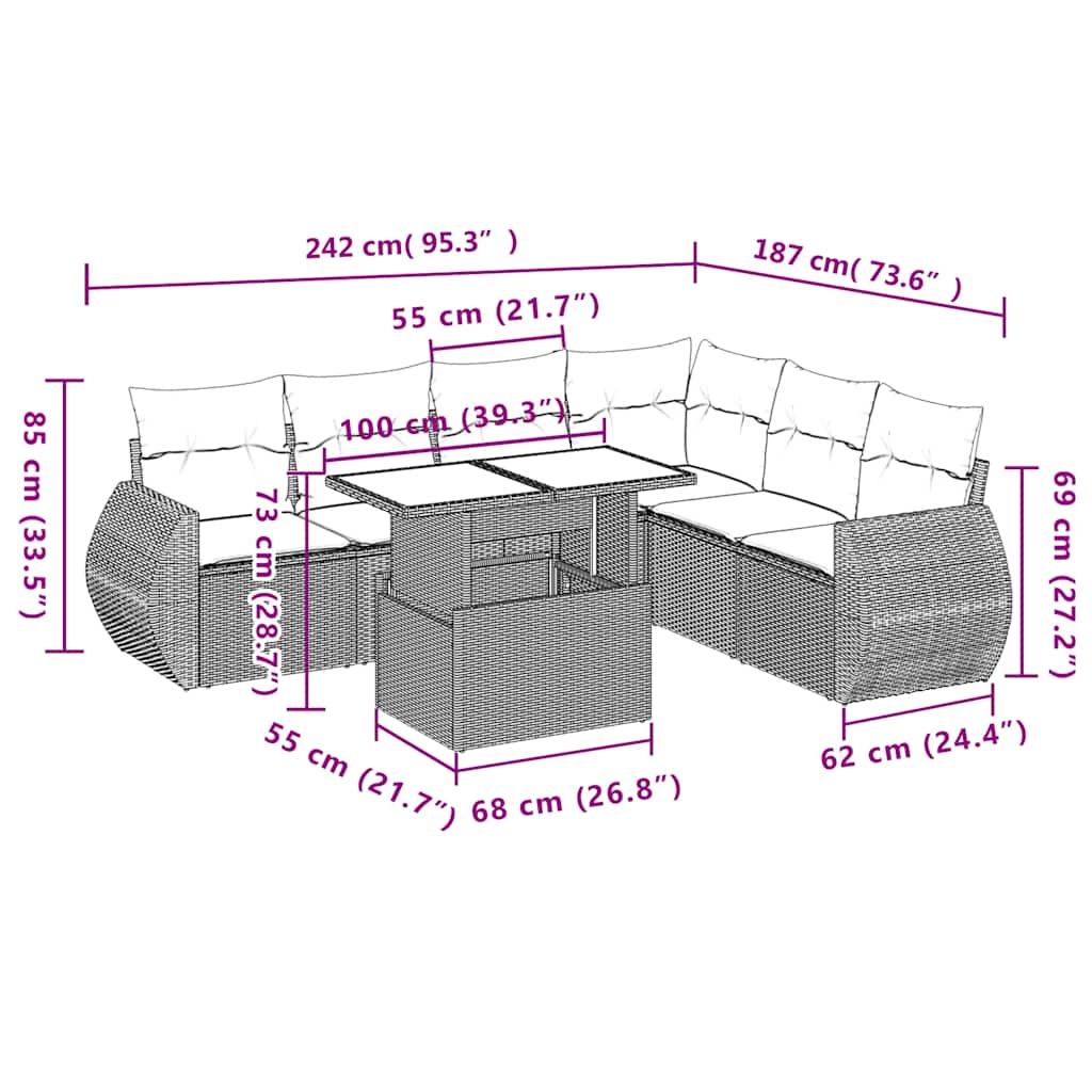 Ensemble de canapé de jardin 7 pcs avec coussins gris résine tressée
