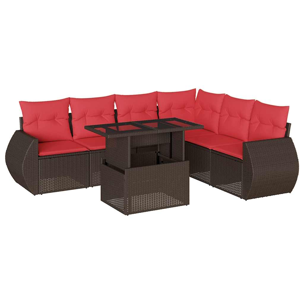 Ensemble de canapé de jardin 7 pcs avec coussins marron résine tressée