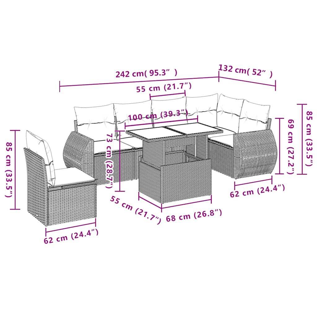 Ensemble de canapé de jardin 7 pcs avec coussins gris résine tressée