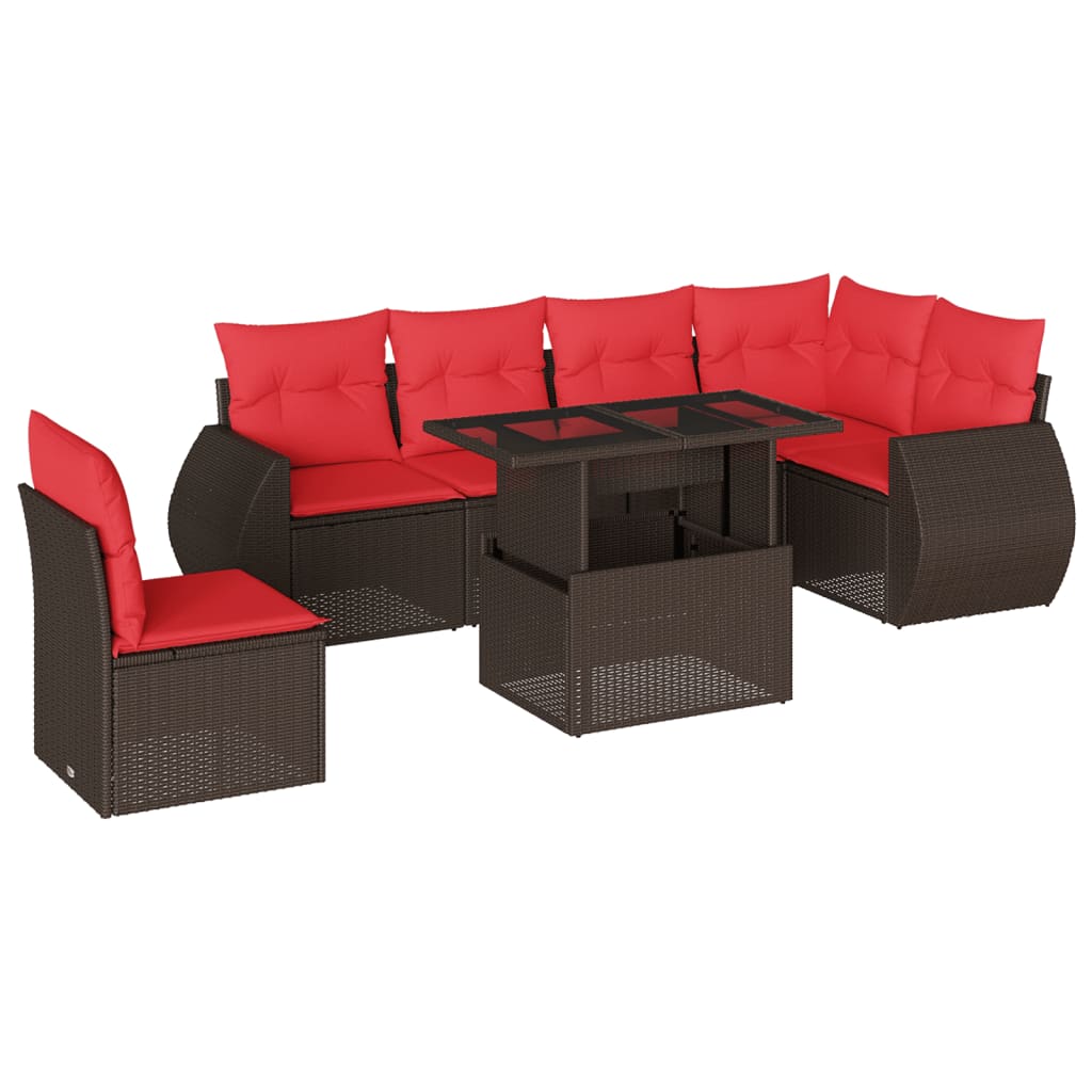 Ensemble de canapé de jardin 7 pcs avec coussins marron résine tressée