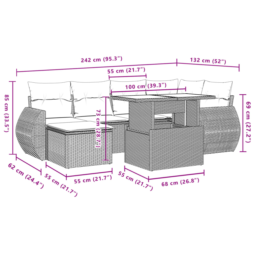 Salon de jardin avec coussins 7 pcs beige résine tressée
