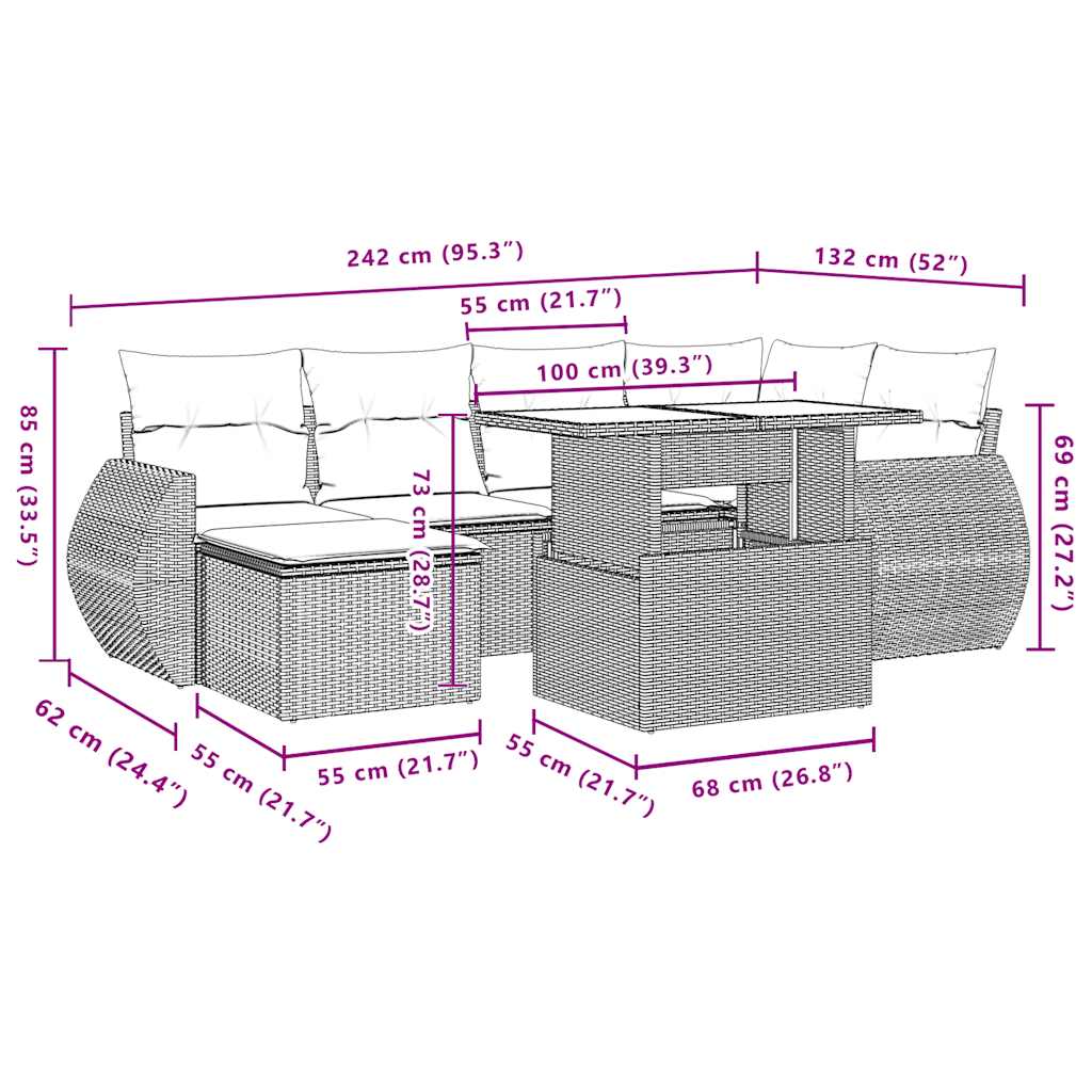 Ensemble de canapé de jardin 7 pcs avec coussins gris résine tressée