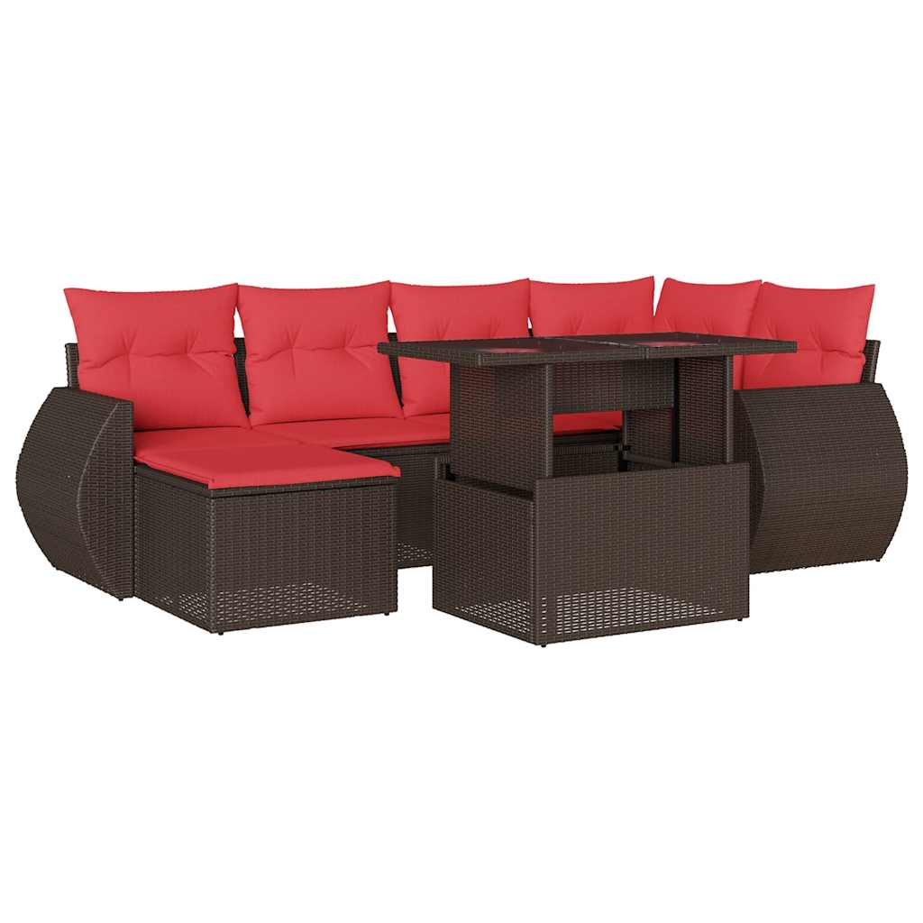 Ensemble de canapé de jardin 7 pcs avec coussins marron résine tressée