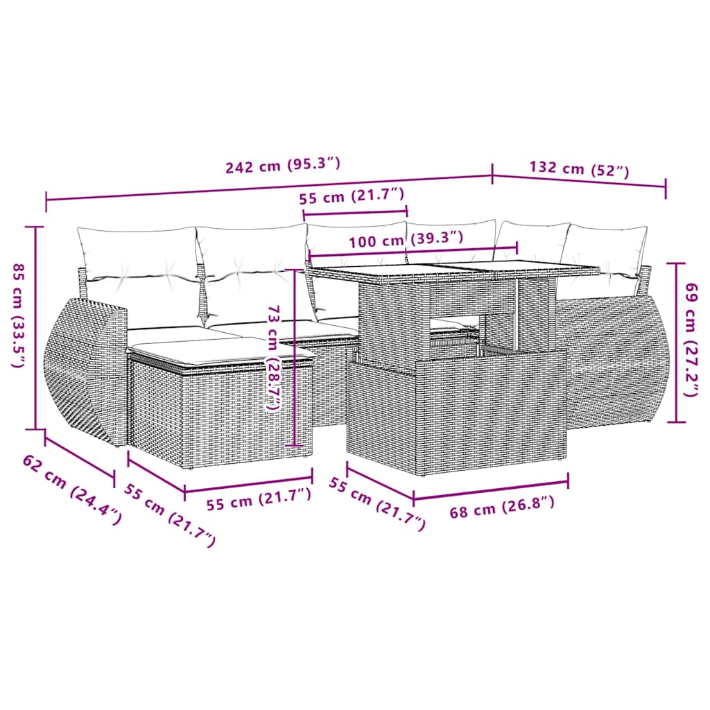 Ensemble de canapé de jardin 7 pcs avec coussins marron résine tressée