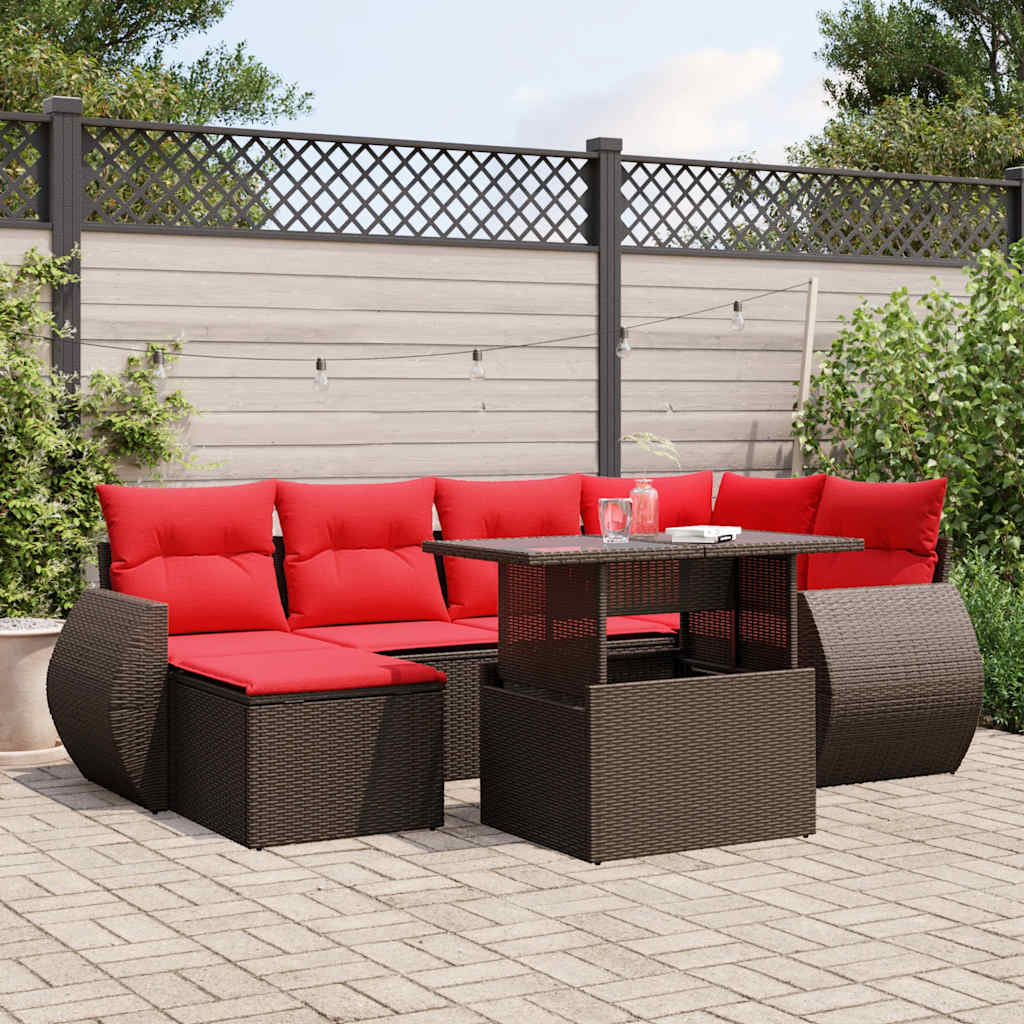 Ensemble de canapé de jardin 7 pcs avec coussins marron résine tressée