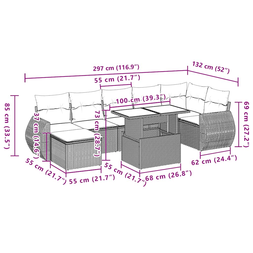 Ensemble de canapé de jardin 8 pcs avec coussins gris résine tressée