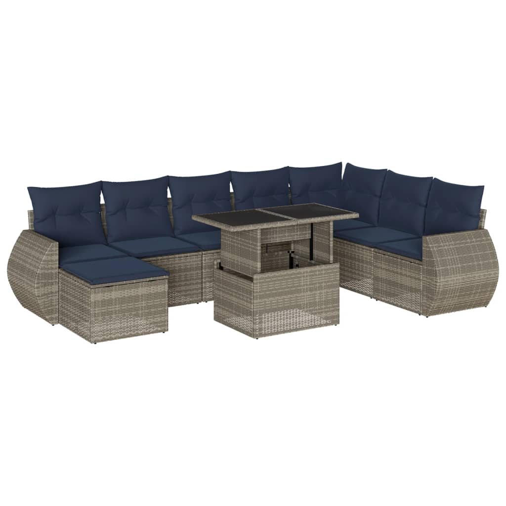 Ensemble de canapé de jardin 9 pcs avec coussins gris résine tressée