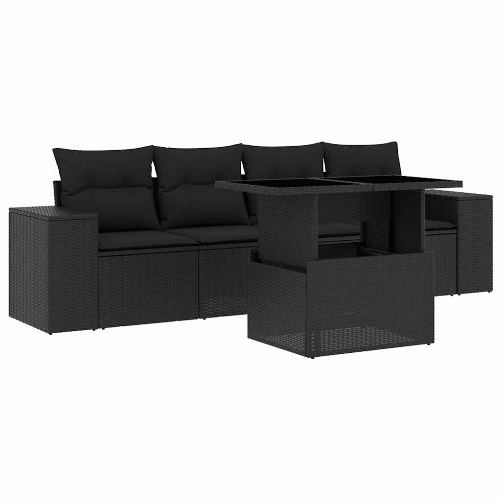 Salon de jardin 5 pcs avec coussins noir résine tressée