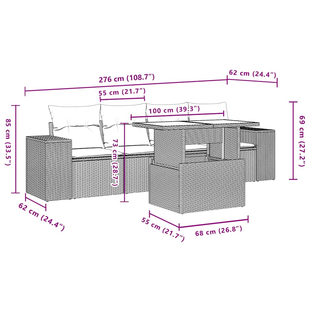 Ensemble de canapé de jardin 5 pcs avec coussins gris résine tressée