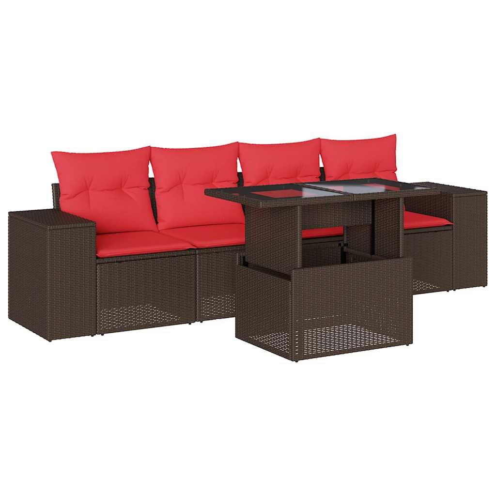 Ensemble de canapé de jardin 5 pcs avec coussins marron résine tressée
