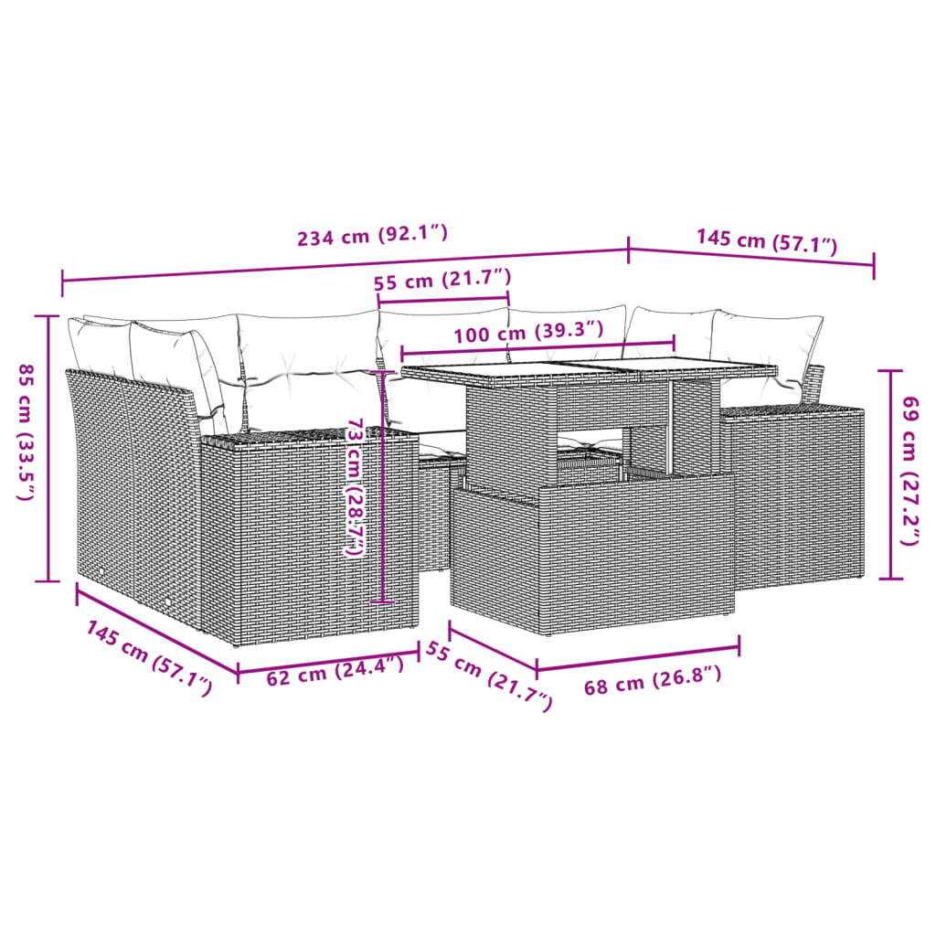 Salon de jardin avec coussins 7 pcs gris résine tressée