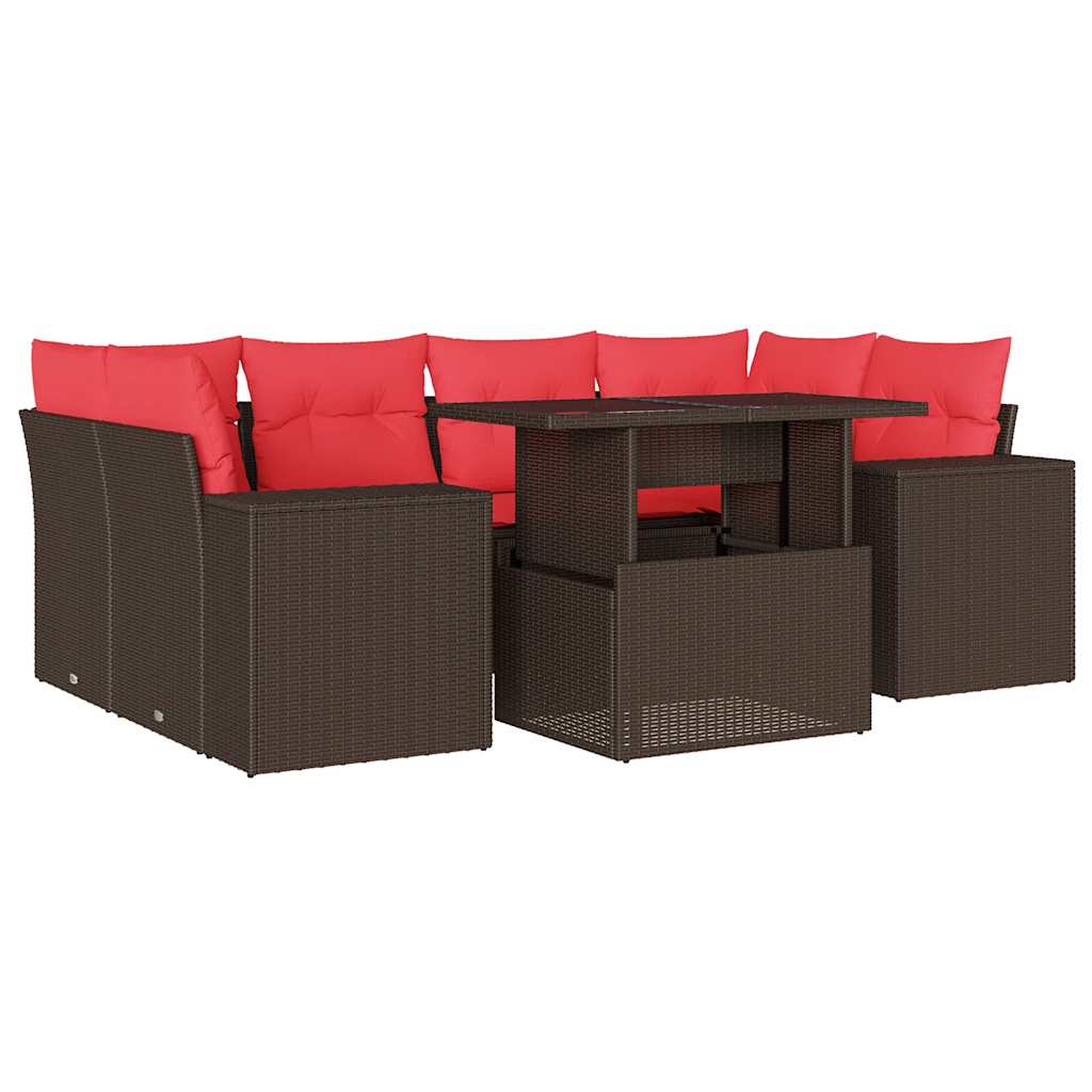 Ensemble de canapé de jardin 7 pcs avec coussins marron résine tressée