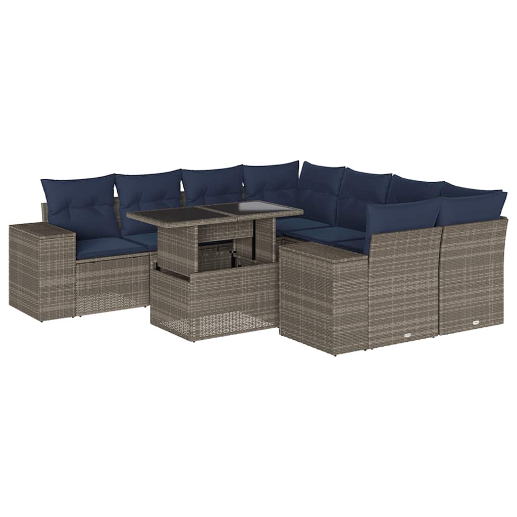 Ensemble de canapé de jardin 9 pcs avec coussins gris résine tressée