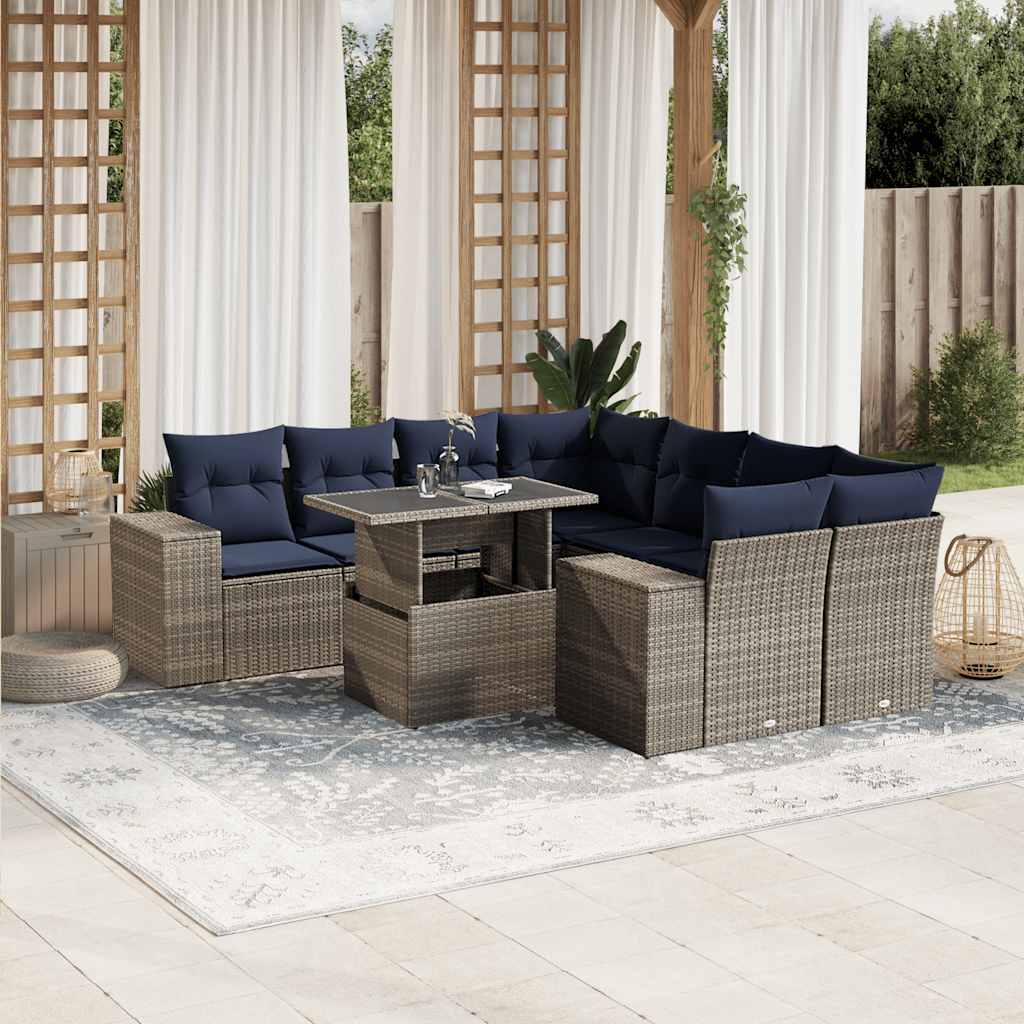 Ensemble de canapé de jardin 9 pcs avec coussins gris résine tressée