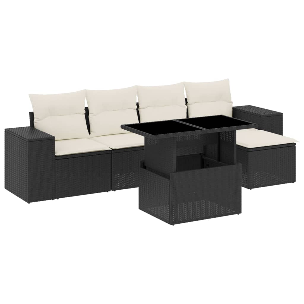 Salon de jardin 6 pcs avec coussins noir résine tressée