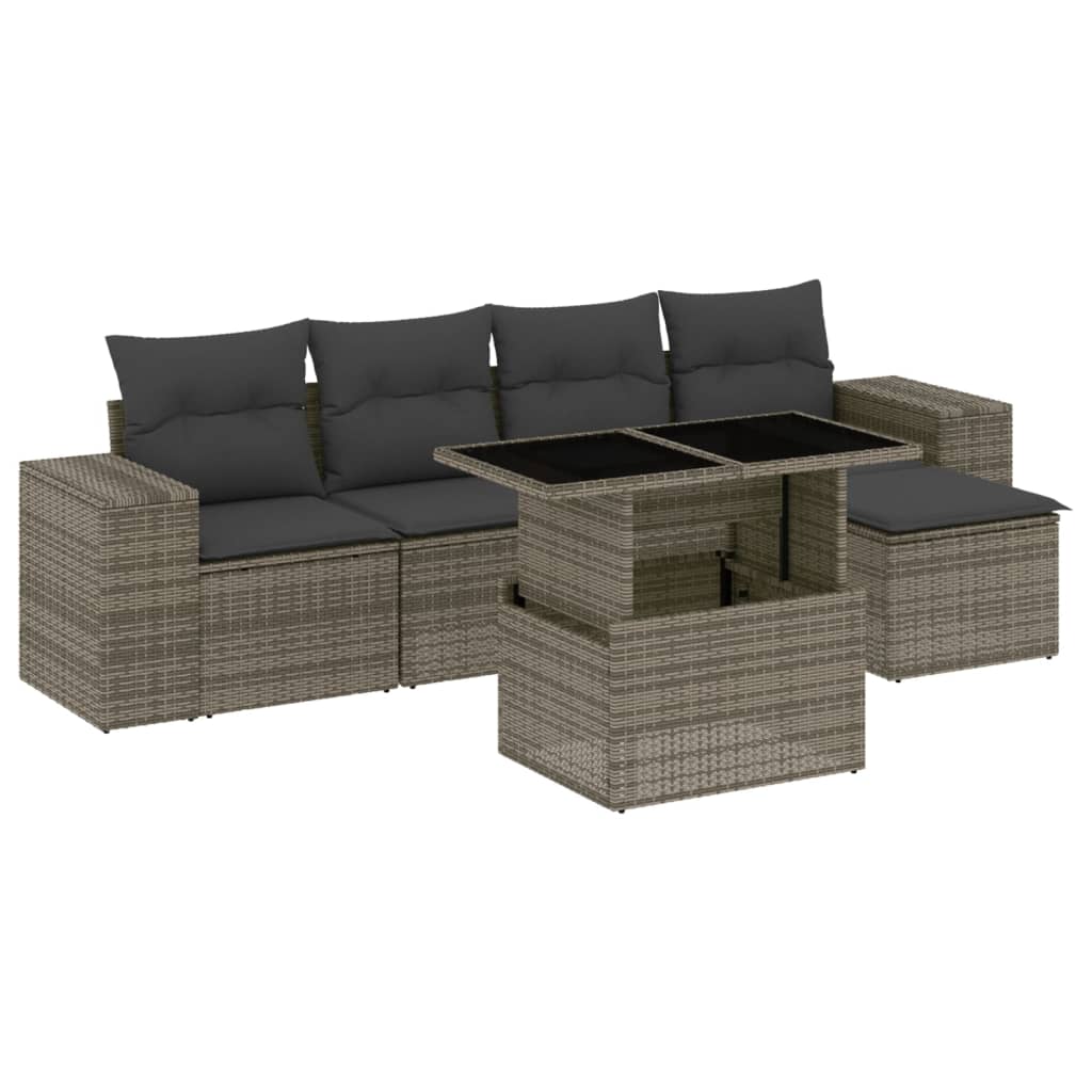 Salon de jardin 6 pcs avec coussins gris résine tressée